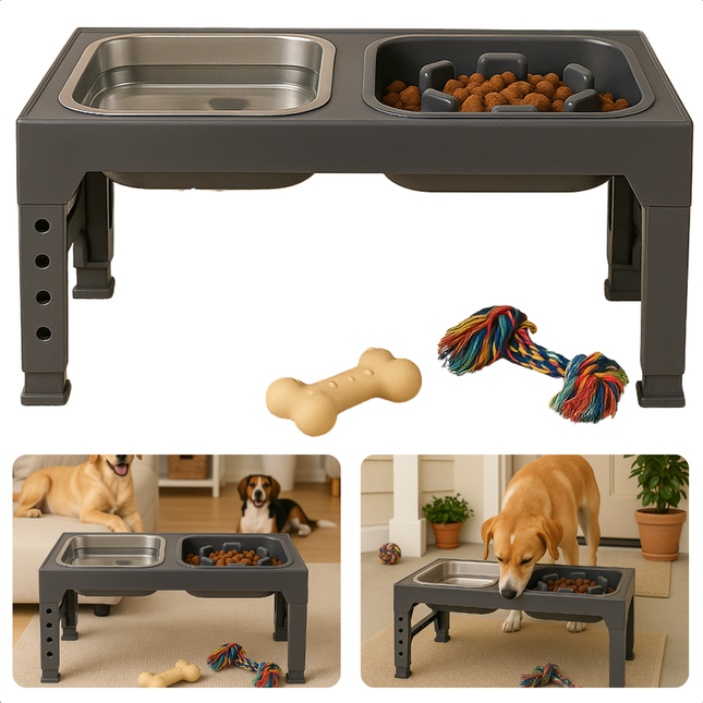 Cheqo® Verstelbare Hondenvoerbak – 5 Hoogtes – Anti Schrokbak & Slow Feeder – RVS Drinkbak – Opklapbaar – Kunststof Standaard – Anti-Slip Poten – Dubbele Eet- en Drinkbak – Voor Grote & Kleine Honden – Zwart – Morsbestendig