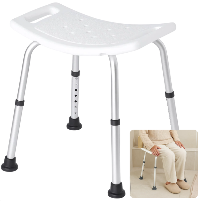 Cheqo® Verstelbare Douchekruk - Antislip Zitting - Stevige Douchekruk - In Hoogte Verstelbaar - Douchekruk Met Handvatten - Veilig Krukje Douche - Douche Kruk - Maximaal 150 kg - Revalidatie Hulpmiddel - Senioren Douchekruk