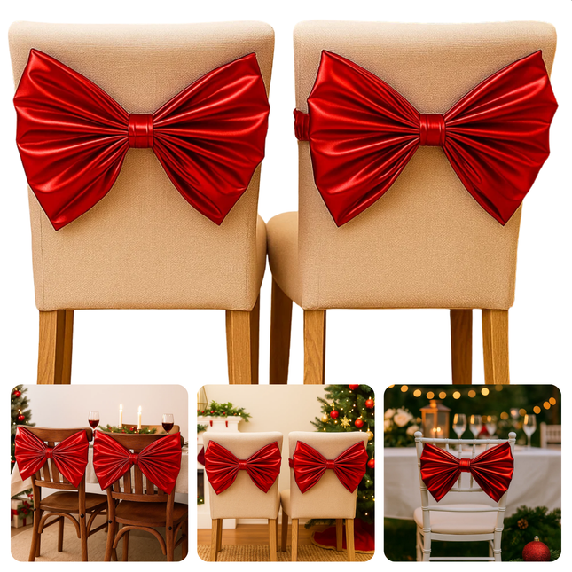 Cheqo® Kerst Stoelstrik - Stoelstrik Rood - Set Van 2 - Stoeldecoratie Kerst - Roden Strik - Kerstdecoratie Stoel - Feestelijke Stoelstrik - Kerstversiering Stoel - Decoratieve Strik - Stoelstrik Set - Kerst Strik