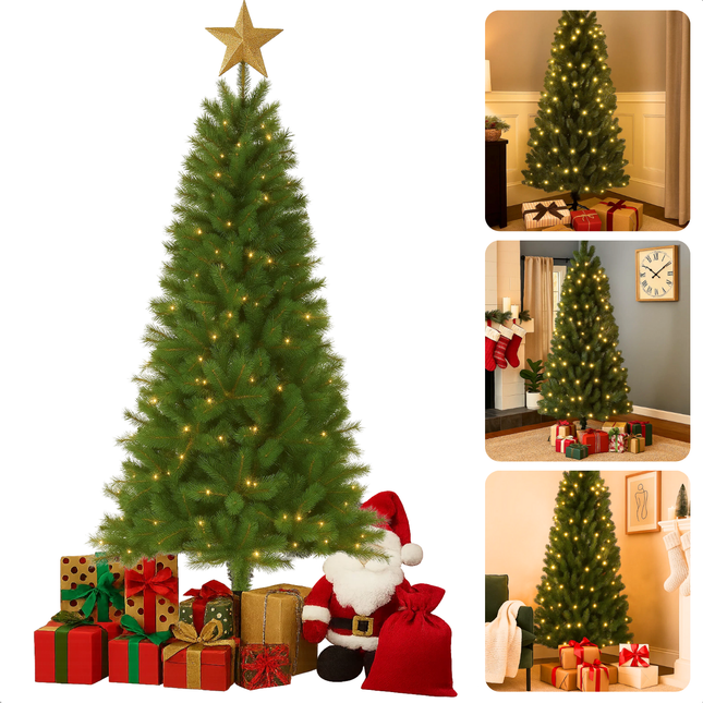 Cheqo® Kunstkerstboom met Verlichting - LED Kerstboom - Kunst Kerstboom - Groene Kunstkerstboom - Kerstboom met LED Lampjes - Verstelbare Takken - Onderhoudsvriendelijke Kerstboom - Ingebouwde Verlichting - Kunststof Kerstboom