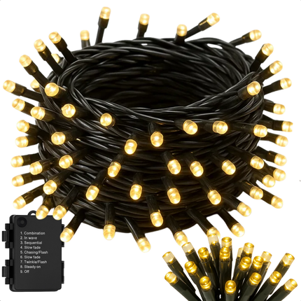 Cheqo® Kerstverlichting Op Batterij - Warm Wit LED Lampjes - Geschikt Voor Binnen En Buiten - 96 LED Lampjes - 7 Meter Lichtsnoer - Met Timer - 8-Functies Controller - IP44 Waterdicht - Zwarte Kabel - 3x AA Batterijen - Kerstlampjes - Kerstboomverlichting
