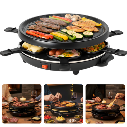 Cheqo® Raclette Grill - 6 Persoons - Stalen Grillplaat - Gourmet - Gourmetten - Antiaanbaklaag - PFAS-Vrij - Anti-Slip Voetjes - Houten Spatels - Eenvoudig Te Reinigen - Compacte Raclette