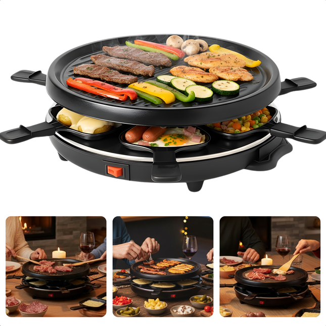 Cheqo® Raclette Grill - 6 Persoons - Stalen Grillplaat - Gourmet - Gourmetten - Antiaanbaklaag - PFAS-Vrij - Anti-Slip Voetjes - Houten Spatels - Eenvoudig Te Reinigen - Compacte Raclette