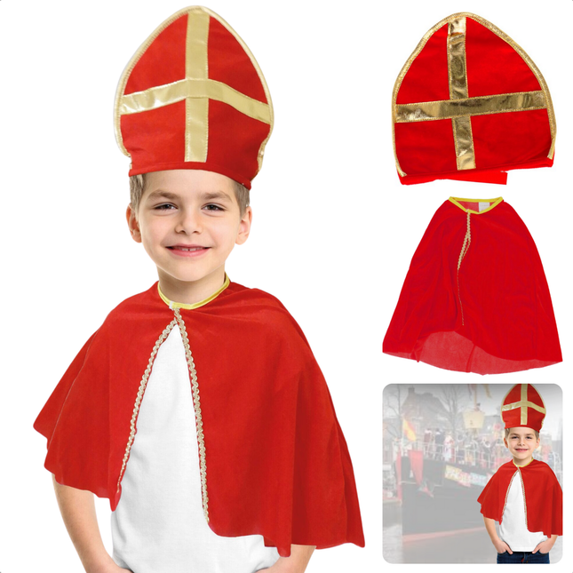 Cheqo® Sinterklaas Verkleedset Kinderen - Sinterklaas Kostuum - Rood-Gouden Cape en Mijter