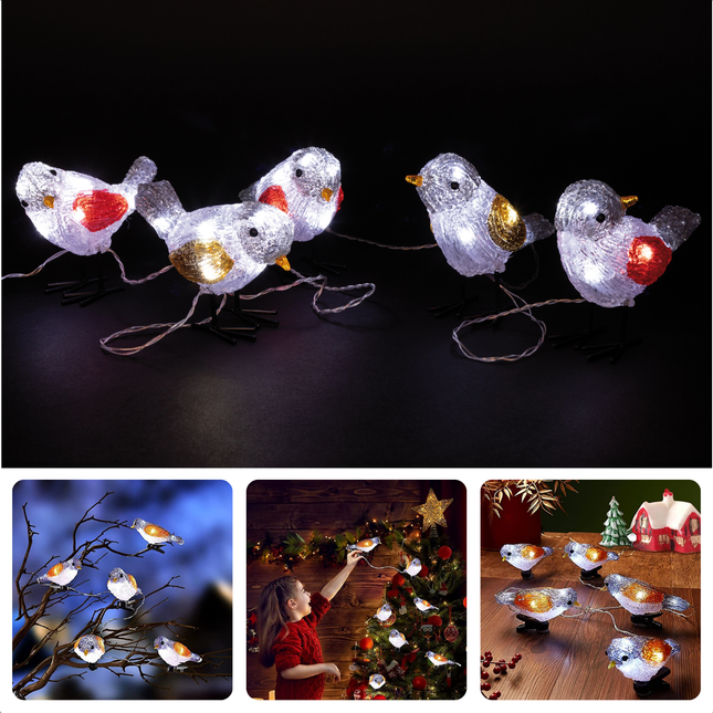 Cheqo® Kerstverlichting Acryl Vogels - Verlicht Kerstfiguur - LED Decoratie - Set van 5 - Binnen/Buiten - Timerfunctie