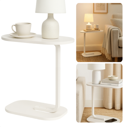 Cheqo® Bijzettafel Wit - Banktafel Metaal - Bijzet Tafel - Mdf Blad - C-Vormig Ontwerp - Compact Formaat - Wit Onderstel - Metaal Frame - Lichte Bijzettafel - Sidetable - Tafeltje - Bedtafel - Modern Design - Geschikt Voor Woonkamer
