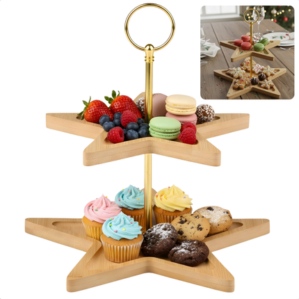 Cheqo® Kerst Etagere - 2 Lagen - Bamboe Etagere - Stervorm Etagere - Kerstdecoratie - Serveertoren - Bamboe En Metaal - Kersttafel Decoratie - Lichtgewicht Etagere - Kerstontbijt - Kerstdiner