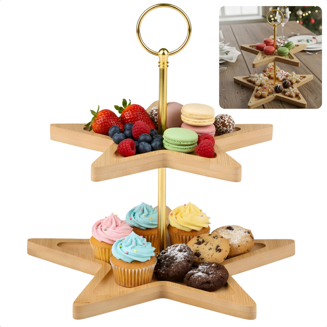 Cheqo® Kerst Etagere - 2 Lagen - Bamboe Etagere - Stervorm Etagere - Kerstdecoratie - Serveertoren - Bamboe En Metaal - Kersttafel Decoratie - Lichtgewicht Etagere - Kerstontbijt - Kerstdiner