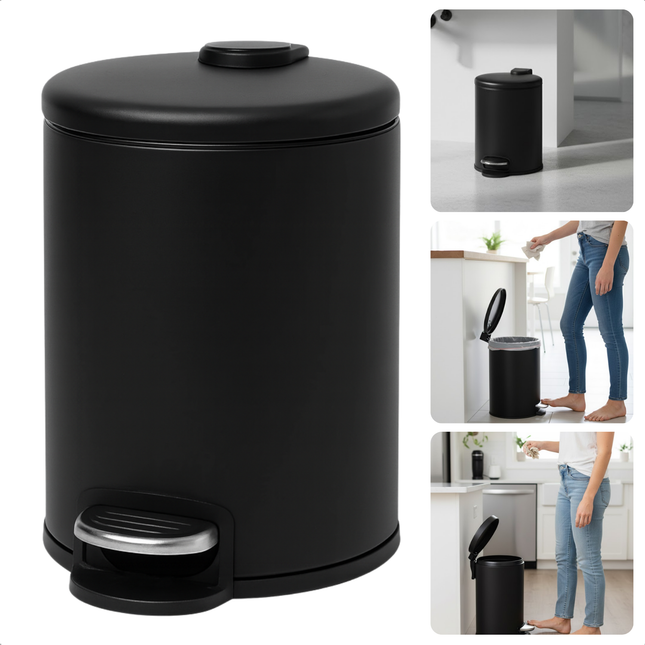Cheqo® Pedaalemmer 5 Liter - Mat Zwarte Prullenbak - Badkamer Prullenbak - Toilet Afvalbak - Kleine Pedaalemmer - Metalen Pedaalemmer - Anti-Slip Bodem - Uitneembare Binnenemmer - Pedaalemmer Voor Badkamer - Pedaalemmer Voor Toilet