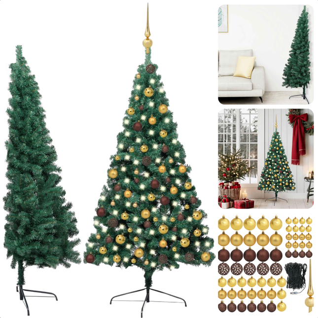 Cheqo® Kerstboom - Kunstkerstboom 180 cm - Halve Boom met LED Verlichting - Ruimtebesparend PVC Design