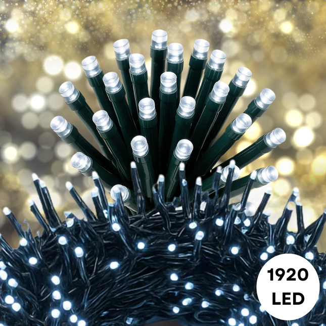 Cheqo® Kerstverlichting - Kerstlampjes - Kerstboomverlichting Wit - 1920 LED Lampjes - Koel Wit Licht - 25 Meter Lengte - Binnen en Buiten - IP44 Adapter - 8 Lichtfuncties - Automatische Timer - Geheugenfunctie - Cluster Kerstverlichting