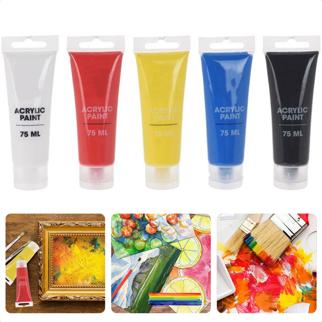 Cheqo® Acrylverf Set - Grote Tubes 75ML - Kunstschildersverf - Acryl Verf - 5 Kleuren