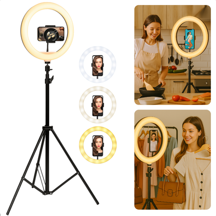 Cheqo® Ringlamp met Statief – Selfie Ringlight 12” – 120 LED Lampjes – TikTok Lamp – Dimbaar Licht – 3 Lichtstanden: Cool, Warm & Neutraal – 360° Draaibaar – USB – Universele Telefoonhouder – Vlog & YouTube Licht