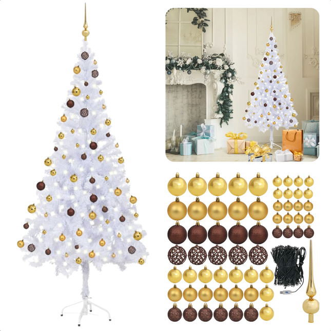 Cheqo® Kerstboom - Kunstkerstboom 180 cm - Witte PVC Boom met LED-Verlichting en Kerstballen - Sneeuw Effect