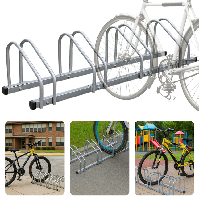 Cheqo® Fietsenrek Aluminium – Geschikt voor 4 Fietsen – Compact Fietsenrek Zilver – Fietsbeugel met Muurbevestiging & Vloermontage – Ruimtebesparend – Fietsenstalling – Voor Banden tot 5 cm – Fietsen op een Rij
