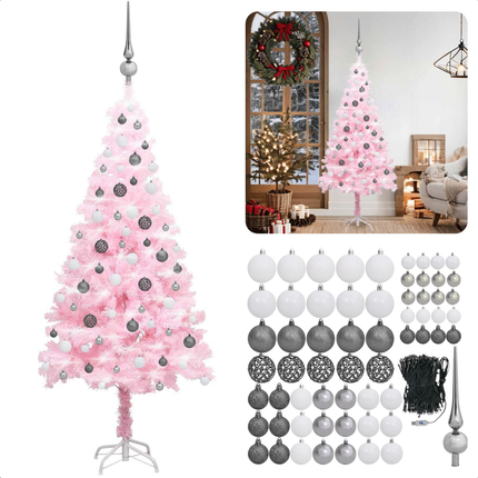 Cheqo® Roze Kerstboom - Kerstboom - Kunstkerstboom 180 cm - Met LED-Verlichting en Kerstballen - PVC - USB-Aansluiting