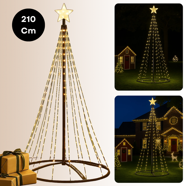 Cheqo® Kerstboom Vlaggenmast - LED Kerstboom voor Buiten  - Vlaggenmast Verlichting - Warm Wit Licht - Buiten Kerstboom - Zwart Frame - Afstandsbediening - 210 cm Hoogte - IP44 Adapter - Geschikt Voor Buiten