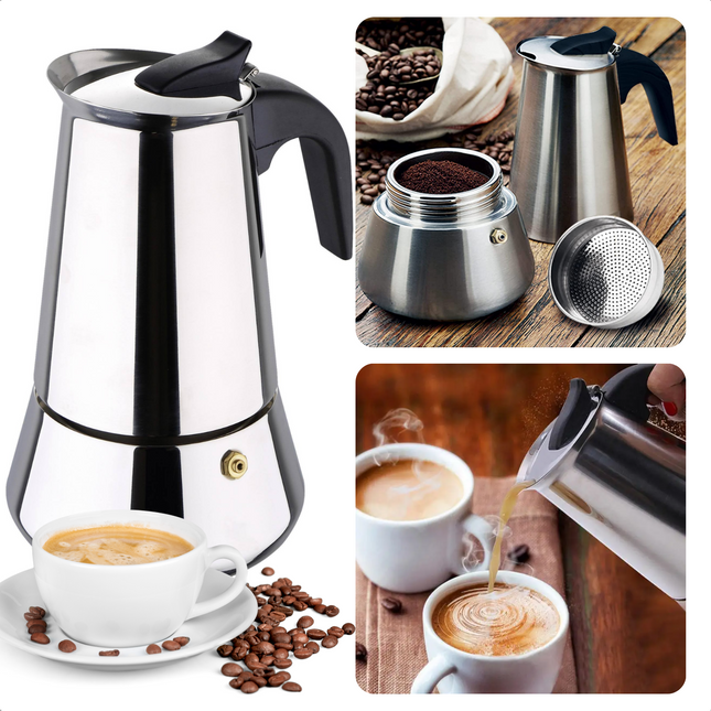 Cheqo® RVS Luxe Koffie- / Theezetapparaat - 6 kops - Glanzend RVS - Ergonomisch Soft-Grip handvat - Geschikt voor Inductie - Compact formaat - Multifunctioneel - Hittebestendig - Lange Levensduur Koffiekannen