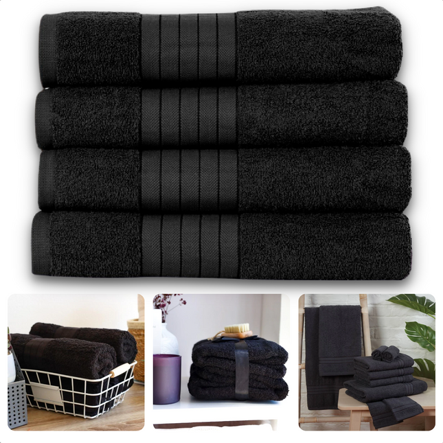 Cheqo® Handdoeken Set - Set van 4 Stuks - Zwart - 50 x 100 cm - 100% Katoen - 500 gr/m2 - Handdoek - Hotel Kwaliteit - Handdoek Badkamer - Zware Kwaliteit - Luxe Uitvoering - Extra Zacht & Stevig - Handdoekenset - Badhanddoeken Handdoeken