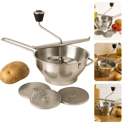 Cheqo® Roerzeef RVS - Passeerzeef - 33 cm - Passe Vite - Groentezeef - Groentemolen Met 3 Verwisselbare Schijven
