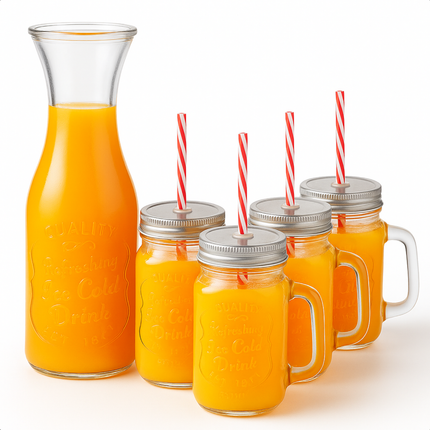 Cheqo® Glazen Drinkset - Glas met Rietje - Drinkglazen met Deksel en Rietje - Smoothie Glazen - Mason Jars met Deksel - Waterkan 1L - Duurzaam Glas