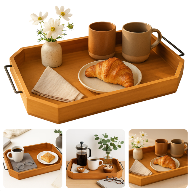 Cheqo® Houten Dienblad - Serveerplateau - Serveerblad - Serveerplank - Ontbijttafel - Ontbijt op Bed - Duurzaam en Lichtgewicht - Metalen Handgrepen