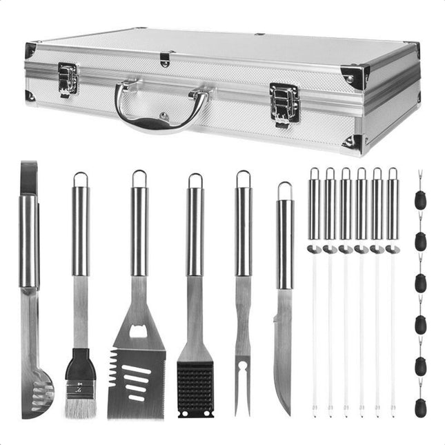 Cheqo® BBQ Gereedschapset - Barbecue Accessoires - Luxe Uitvoering - 19 Delige Set - RVS en Aluminium - Opbergkoffer - 3-in-1 Spatel - Barbecue Set - Vaderdagcadeau - Barbecuegerei Barbecuegerei-sets