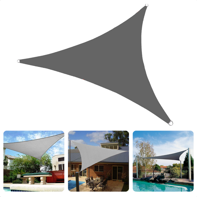 Cheqo® Schaduwdoek Driehoek 3x3x3m - Voor Tuin - Terras - Speeltuin - UV Bescherming - UPF 50+ - Incl. Touw - 100% Polyester - Zware Kwaliteit - Inclusief Draagzak - Zonwering - Schaduwnet - Waterdicht - Donkergrijs - Extra Sterk Schaduwdoek