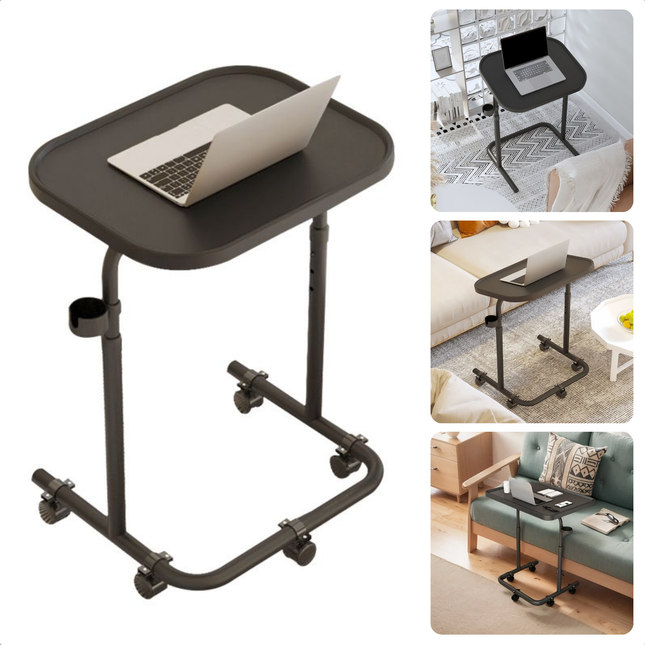 Cheqo® verstelbare bijzettafel zwart met bekerhouder, gebruikt als banktafel en laptophouder, op verschillende locaties in huis.