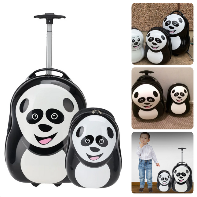 Cheqo Kinderkoffer en Rugzak Set in Panda design met kindervriendelijke trolley en bijpassende handbagage reiskoffer voor kinderen.