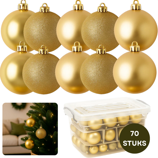 Cheqo® Kerstballen Set Goud - 70 Stuks Kerstballen - Kunststof Kerstballen - Opbergbox Inbegrepen - Mat Glanzend Glitter - Opbergdoos - Kerstversiering Goud - Kerstboom Decoratie - Gouden Kerstballen - Afsluitbaar Deksel