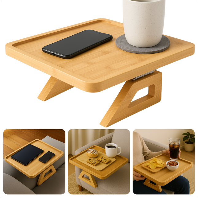 Cheqo® Armleuning Dienblad - Bamboe Materiaal - Houtkleur - Antislip - Inklapbaar Ontwerp - Banktafel - Sofa Accessoire - Bamboe - Bank Dienblad