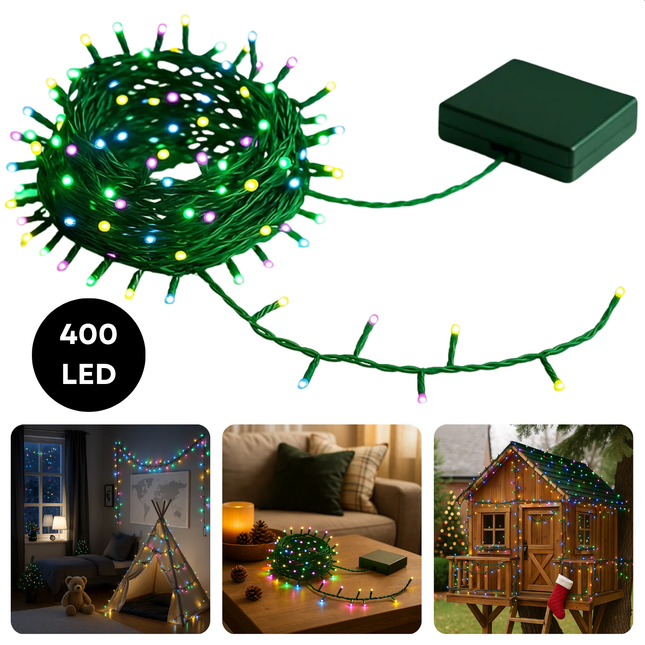 Cheqo® Microcluster Kerstverlichting - 400 LED Lampjes - 8 Meter Lengte - Multi Colour - 8 Lichtfuncties - Geheugenfunctie - Timer 8 Uur - IP44 Adapter - Voor Binnen En Buiten - Kerstboom Verlichting - Kerstboomverlichting - Kerstlampjes