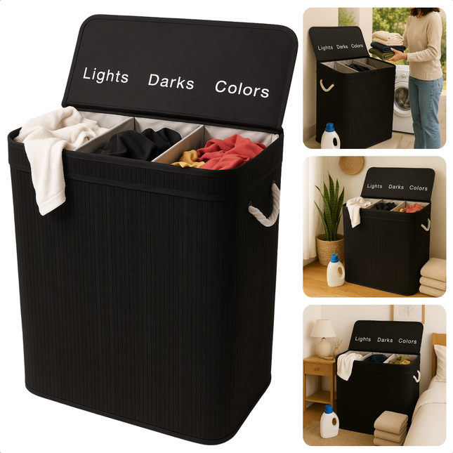 Cheqo® Wasmand 3 Vakken - Wassorteerder - Bamboe Materiaal - Zwart Design - 100 Liter Inhoud - Licht Donker Kleur - Makkelijk Te Monteren - Geen Gereedschap Nodig - Wasbare Binnenzak - Wasgoed Organizer
