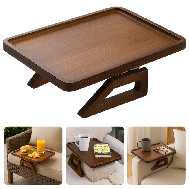 Cheqo® Armleuning Dienblad - Bamboe Dienblad - Antislip - Bruine Kleur - Inklapbaar Dienblad - Bank Dienblad - Bamboe