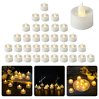 Set of 36 Cheqo® LED Theelichtjes in warm white, battery-operated, displayed in various cozy settings for safe, atmospheric lighting.