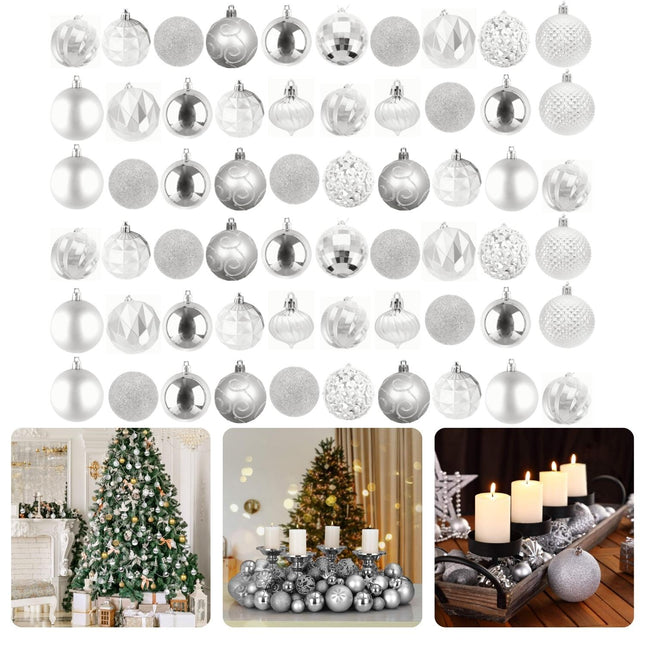 Cheqo® Kerstballen Set - Kerstballenset - Kerstdecoratie - Kerstboom Versieren - Kerstversiering - Onbreekbaar - Met Ophangoogje - Kerstversiering Kerstboom - Mat - Glans - Glitter  - 60 Stuks - Zilver Kerstballen