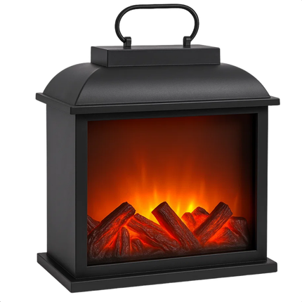 Cheqo® LED Sfeerhaard - Lantaarn Openhaard - Kunststof Frame - LED Verlichting - Timer Functie - Werkt op Batterijen - Batterij Aangedreven - Vlammeneffect - Elektrische Haard - Zwarte Lantaarn - Sfeerverlichting