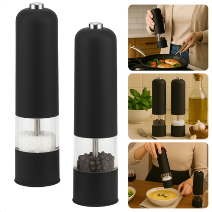 Cheqo® Elektrische Peper- En Zoutmolen - Zout & Pepermolen Stel Elektrisch - Verstelbare Maalgraad - Keramische Molen - Met Drukknop - Met Licht - Set Van 2 Stuks - ABS Kunststof - RVS Onderdelen - Zwart - Op Batterijen - Luxe Kwaliteit