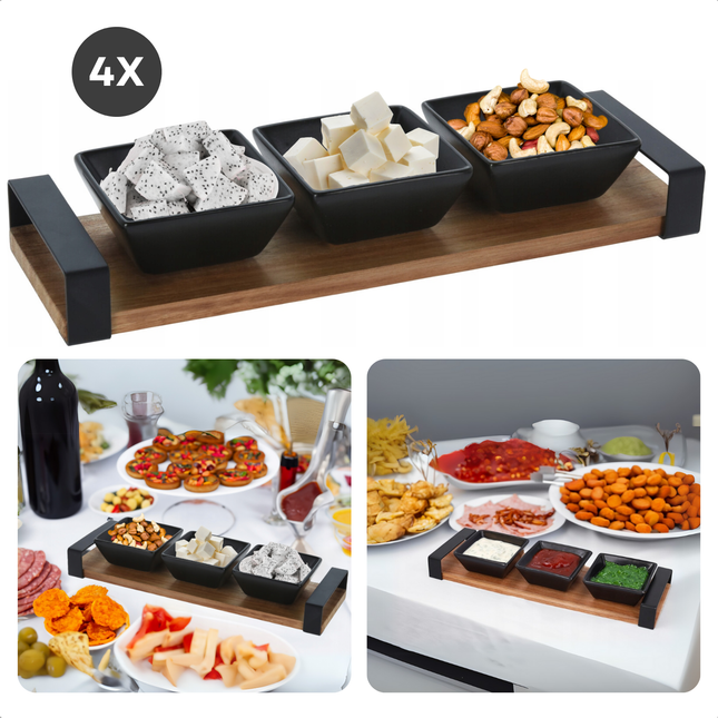 Cheqo® Acacia Houten Serveerplank - Tapas Set met 3 Aardewerk Schaaltjes - Compact Formaat 32x10 cm - Duurzaam Hout - Elegant Design - Ideaal voor Hapjes en Tapas - Vaatwasmachinebestendig