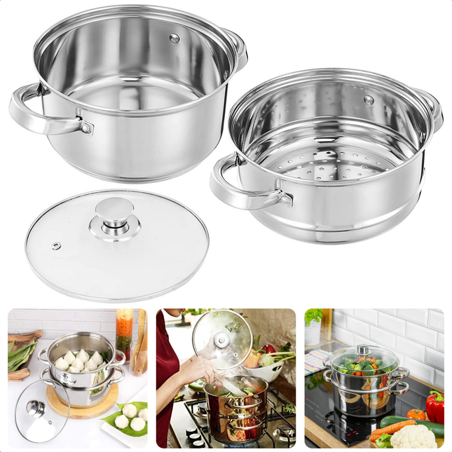 Cheqo® RVS Stoompan - Rijst- en Groentestomer - Handig voor Couscous en Rijst - 3-delig - Inductie - Ø 20 cm - Glazen Deksel