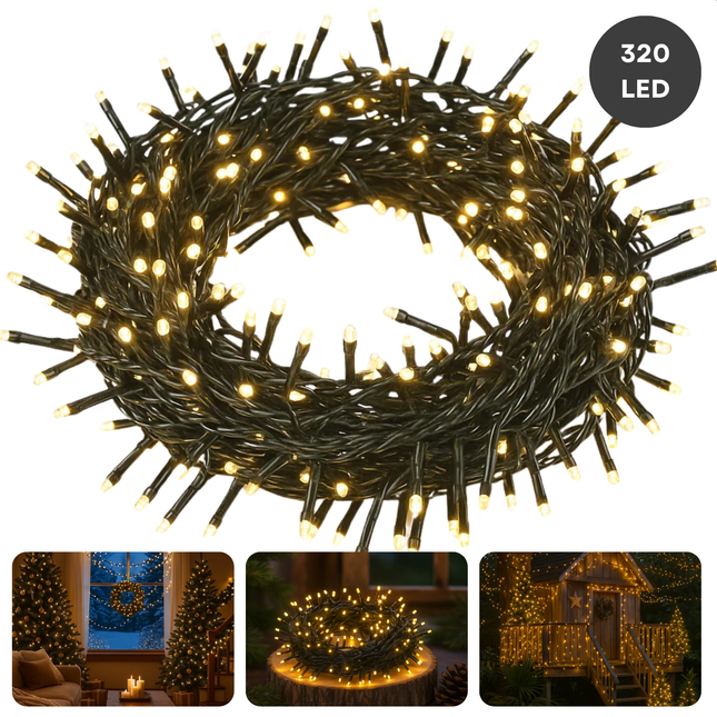 Cheqo® Kerstverlichting - Kerstboomverlichting - Kerstlampjes - Kerst Verlichting - Warm Wit Licht - 320 LED Lampjes - Geschikt Voor Binnen En Buiten - IP44 - 24 Meter Lichtsnoer - Kerstverlichting Buiten