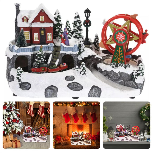 Cheqo® Magisch Kerstdorp - Met Draaiend Wonderwiel en Betoverende Trein - Verlichte Attracties en Bewegende Spektakels - Handgeschilderd - Op Batterij - 34 x 19,5 x 19 cm - Kersttafereel - Kermis - Kerstdecoratie - LED Licht kerstdorpen