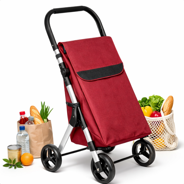 Cheqo® Boodschappentrolley - Boodschappentrolley 4 Wielen - Boodschappentrolley Opvouwbaar - Boodschappenkar - Boodschappenkar 4 Wielen - Boodschappenwagen - Winkelwagen Trolley - Shopping Trolley - Boodschappentrolley Rood