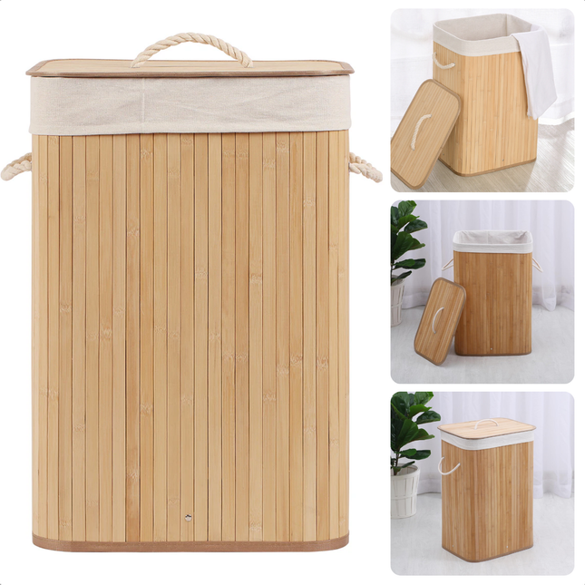 Cheqo® Bamboe Wasmand - Opvouwbaar Met Deksel - 72L - Naturel - Duurzaam Design - Wassorteerder met Waszak