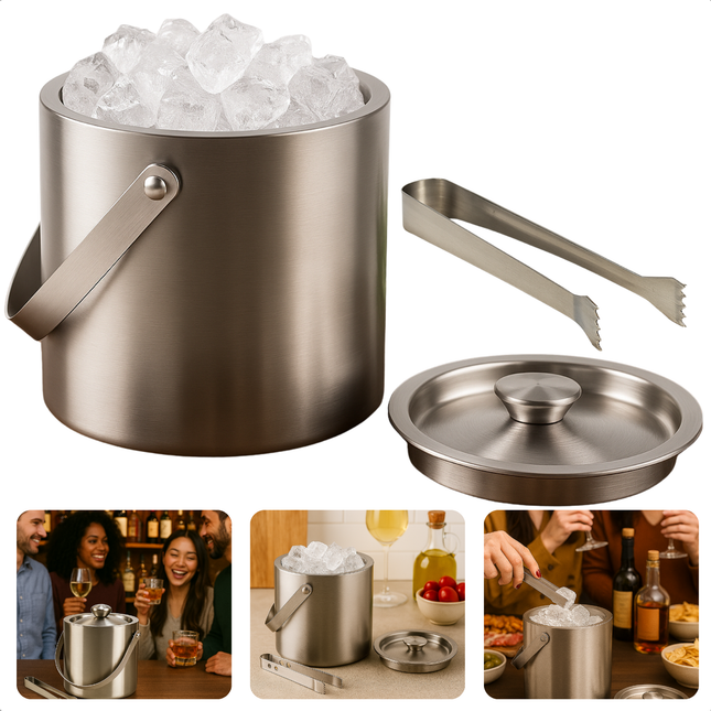Cheqo® Dubbelwandige IJsemmer - IJsemmer Met Tang - Roestvrijstaal IJsemmer - IJsemmer Met Deksel - Thuisbar Accessoire - Feestjes IJsemmer - Siliconen Rand Deksel - IJsblokjesemmer - 15 cm Diameter - 18 cm Hoogte - Zilveren IJsemmer