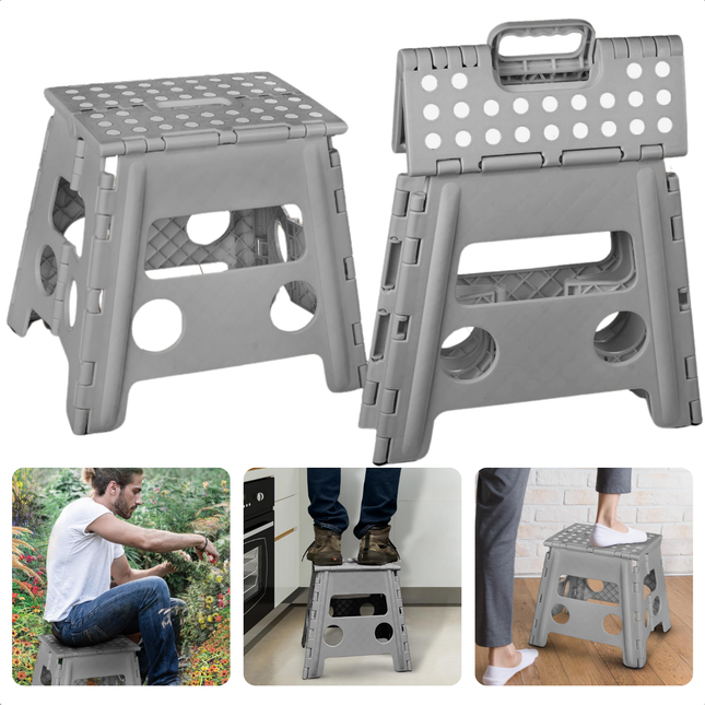 Cheqo® Vouwbare Opstapkruk - Opstapje - Trapje - Kruk - Krukje - Keukentrap - Keukentrapje - Opvouwbaar - Anti-Slip - ABS Materiaal - Max. 100 kg - Grijs