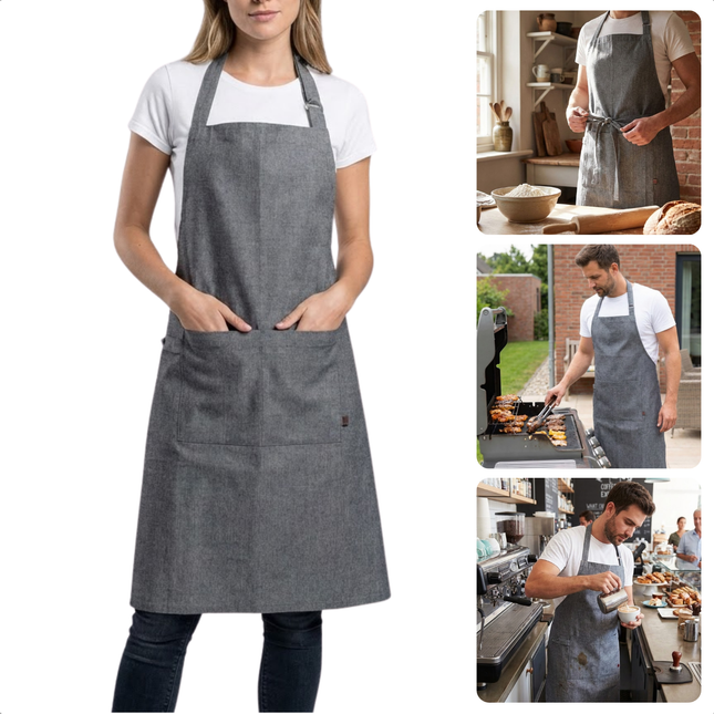 Cheqo® Keukenschort Zwart - Kookschort Zwart - Schort Zwart - Bbq Schort Zwart - Unisex Schort Zwart - Horeca Schort Zwart - Professioneel Keukenschort Zwart