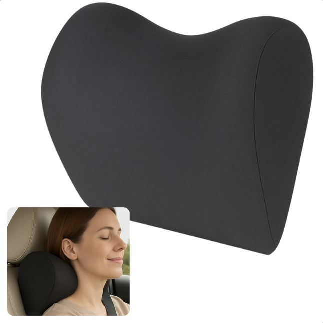 Cheqo® Nekkussen Auto – Ergonomisch Neksteun Kussen – Memory Foam Traagschuim – Universele Fitting – Autostoel Kussen Zwart – Comfortabel Reizen – Nek en Hoofd Ondersteuning – Nekpijn Verlichting – Auto Accessoires