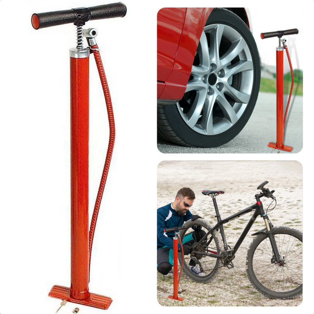 Cheqo® Robuuste Metalen Luchtpomp - Fietspomp - Geschikt voor Fiets en Auto Banden - Inclusief 2 Ventiel-Adapters - Professionele Bandenpomp - Universeel voor Motor, Personenauto, Fiets - Duurzaam & Efficiënt Fietspomp